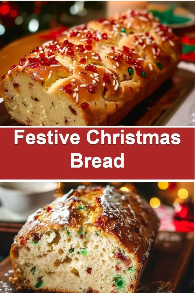 Homemade festive Christmas bread displayed with holiday decorations.
