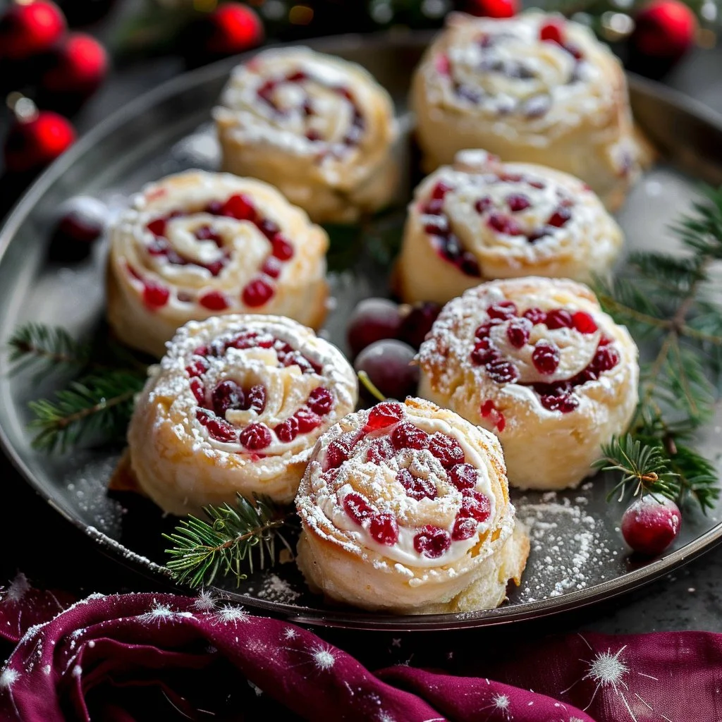 Delicious festive Christmas Cranberry Roll Ups on a holiday platter