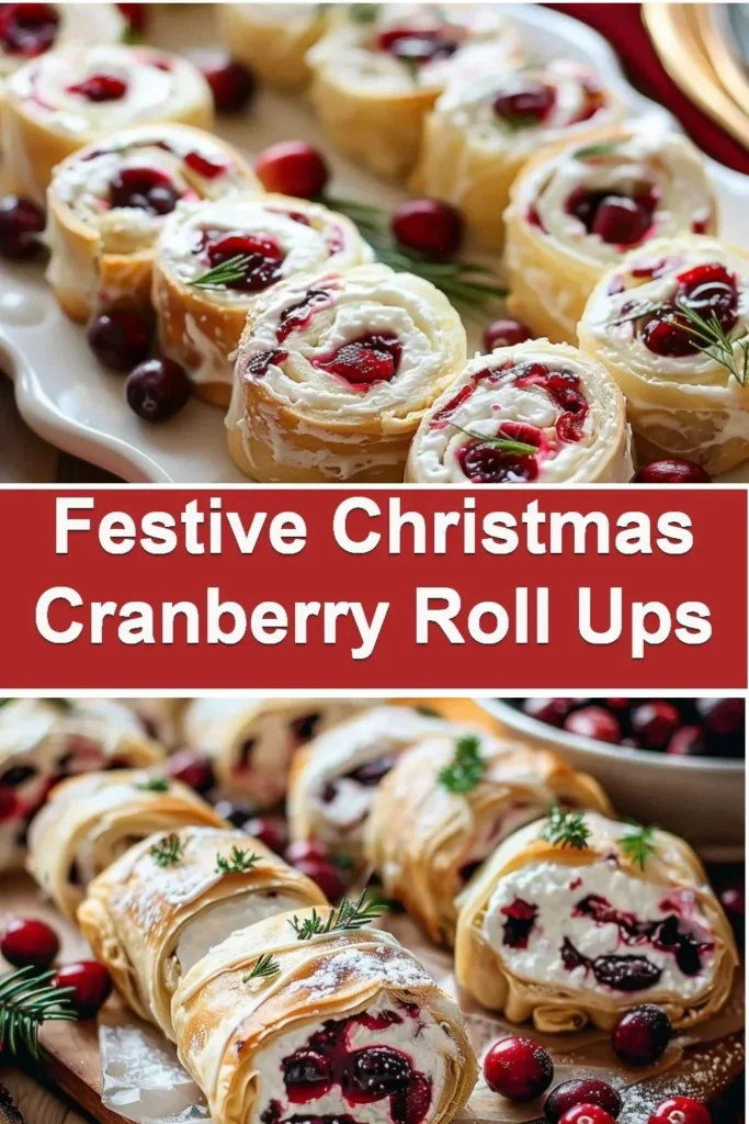 Festive Christmas Cranberry Roll Ups on a holiday platter