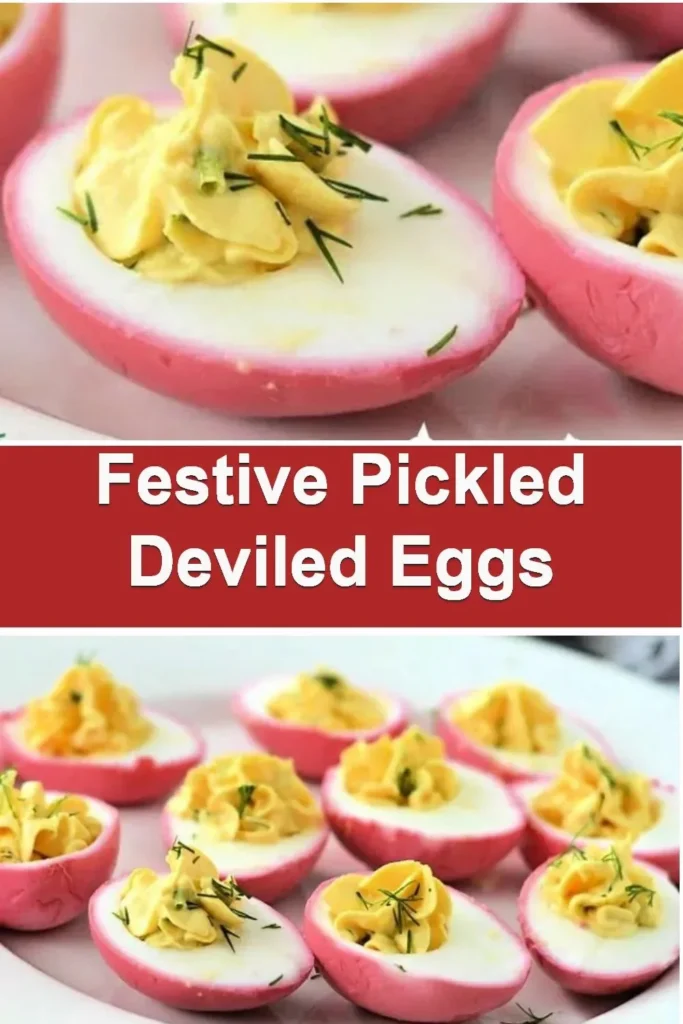 Festive pickled deviled eggs garnished with herbs