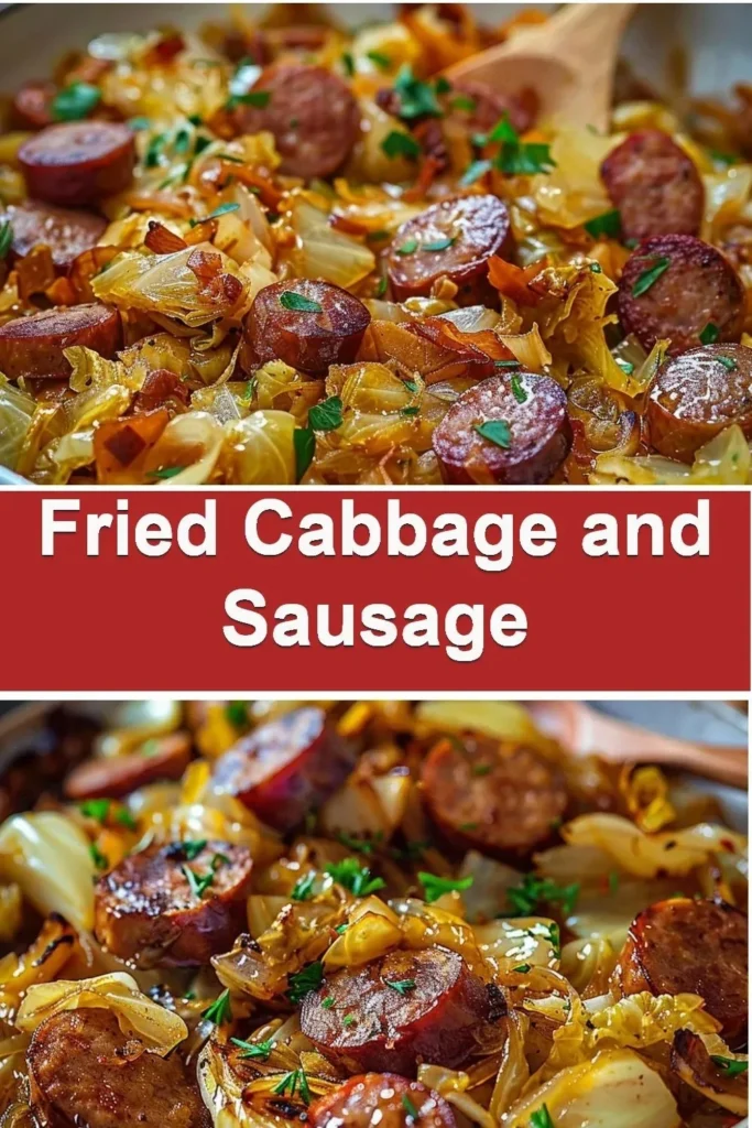 Delicious fried cabbage with sausage cooked in a skillet.