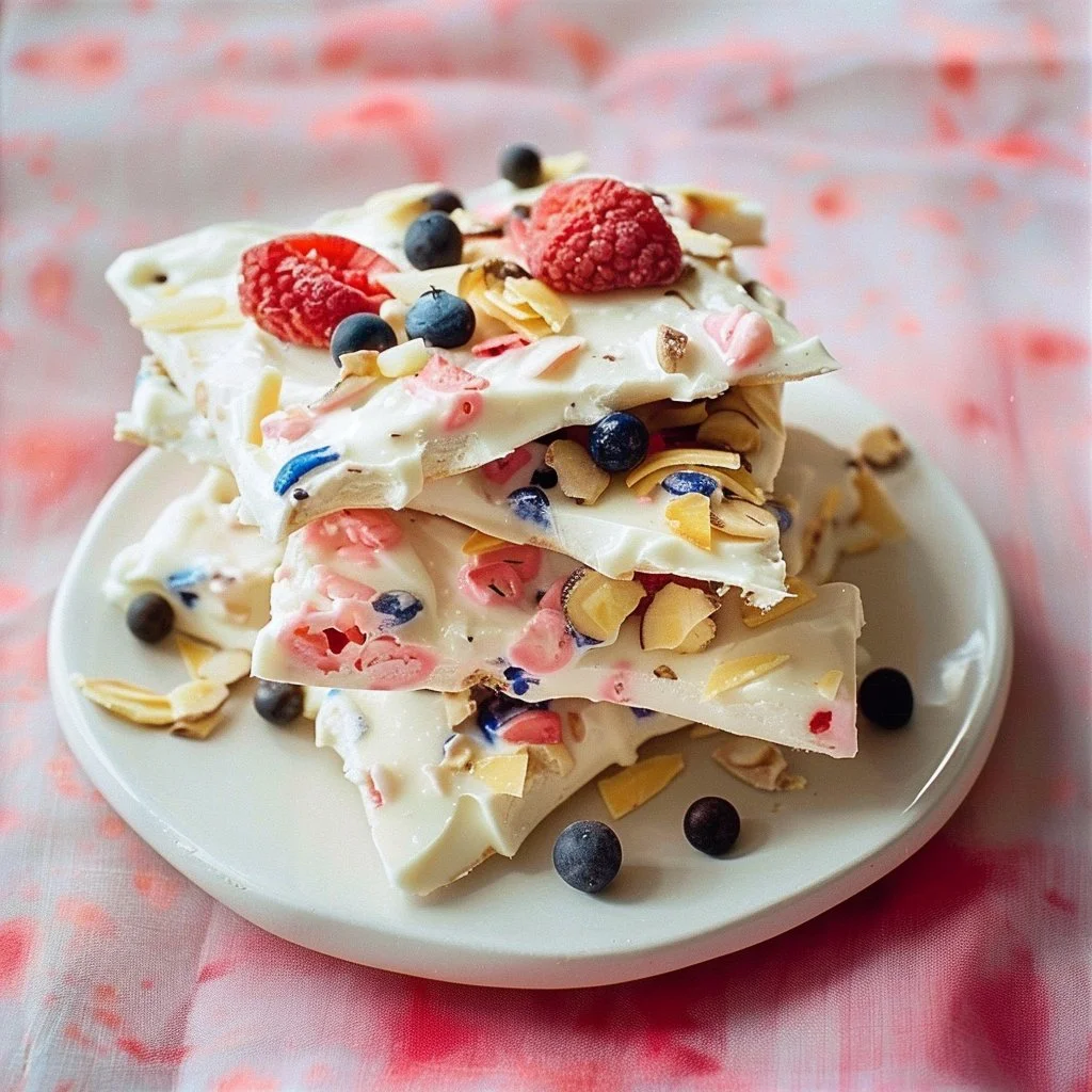 Delicious frozen yogurt bark topped with fresh fruits and nuts