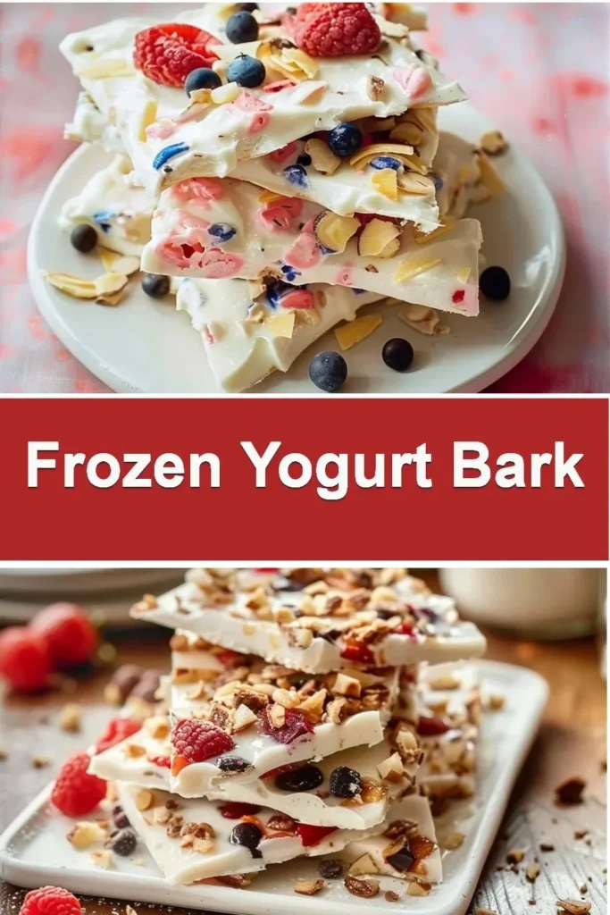 Frozen yogurt bark topped with fruits and nuts served on a wooden plate.