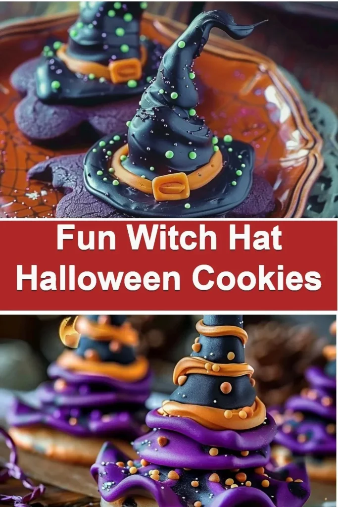Fun witch hat Halloween cookies decorated with icing and candy