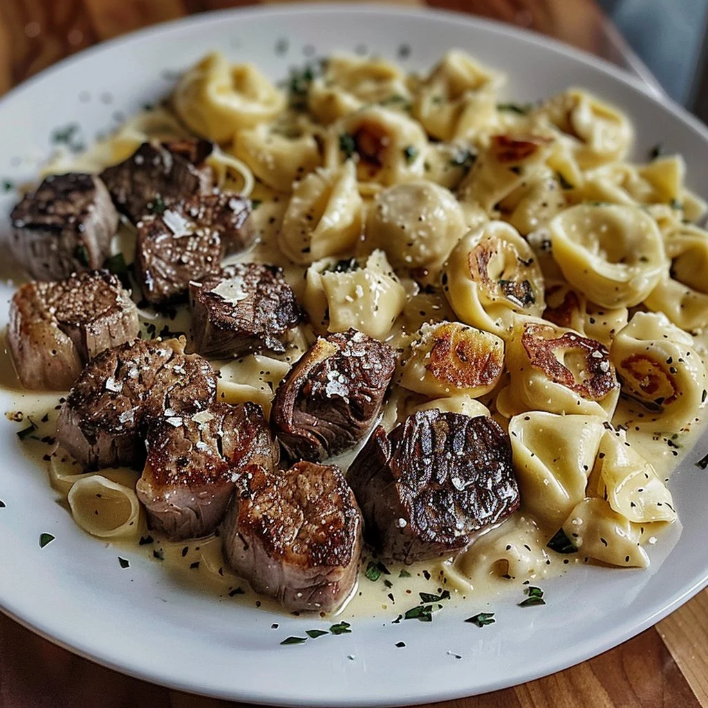 Delicious Garlic Butter Steak Bites paired with creamy Alfredo Tortellini