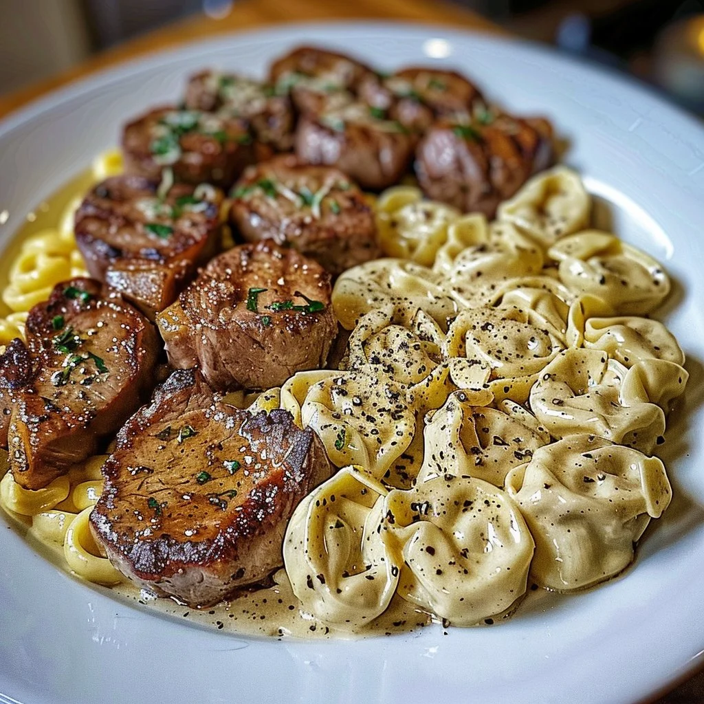 Garlic Butter Steak served with Cheesy Alfredo Tortellini on a plate