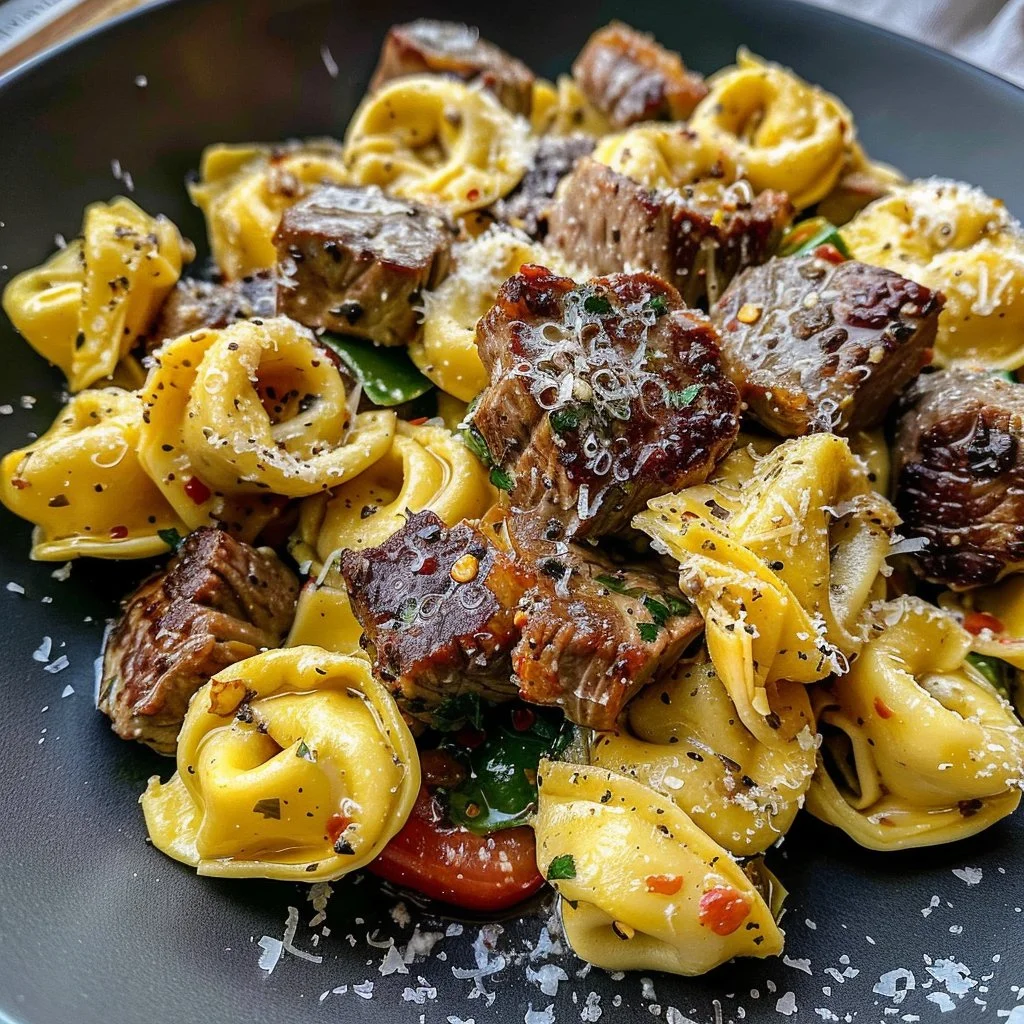 Delicious Garlic Parmesan Steak Tortellini in a creamy sauce garnished with parsley.