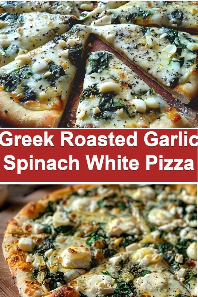 Greek Roasted Garlic Spinach White Pizza with fresh ingredients and creamy cheese