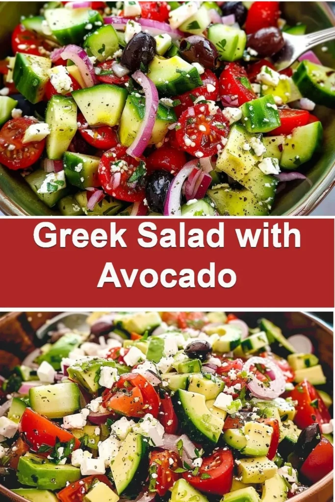 Delicious Greek Salad with Avocado, tomatoes, olives, and feta cheese