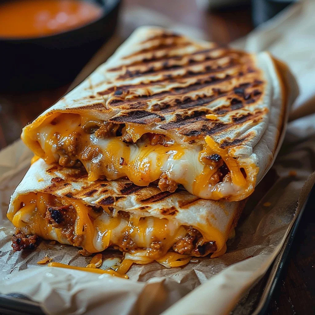 Delicious grilled cheese burrito with melted cheese and savory fillings.