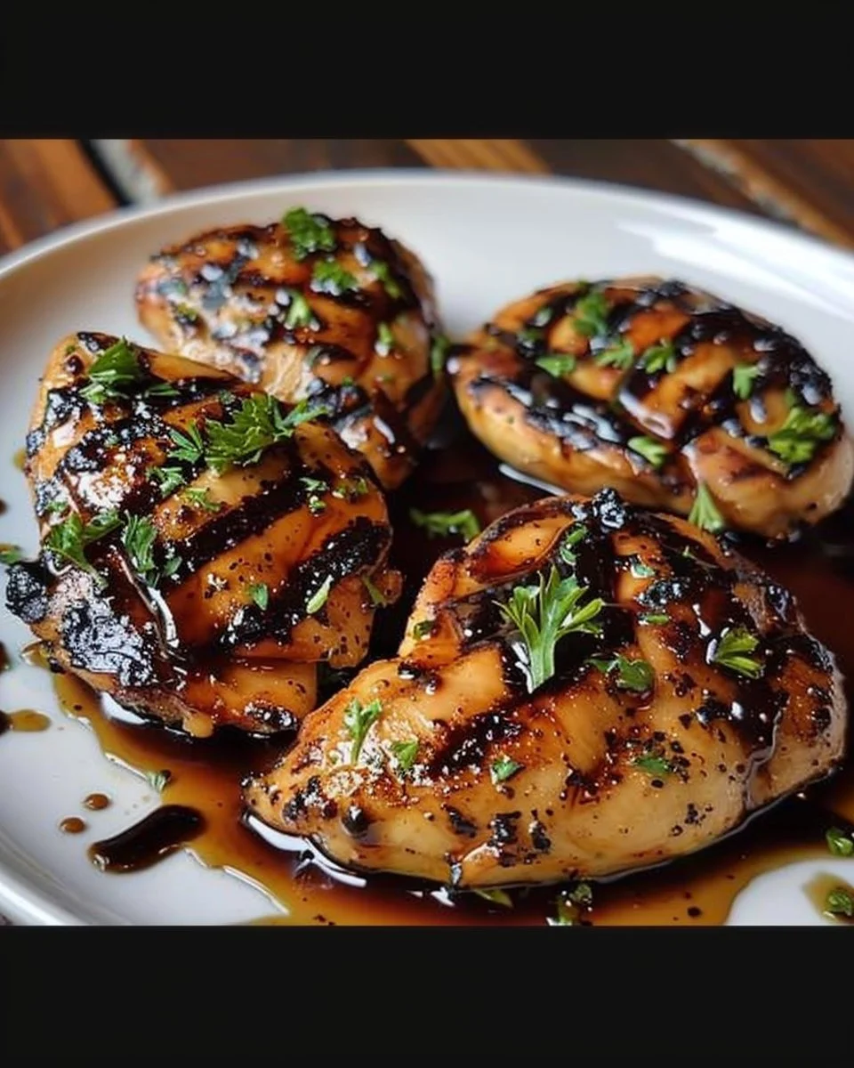 Grilled chicken drizzled with balsamic glaze served on a plate