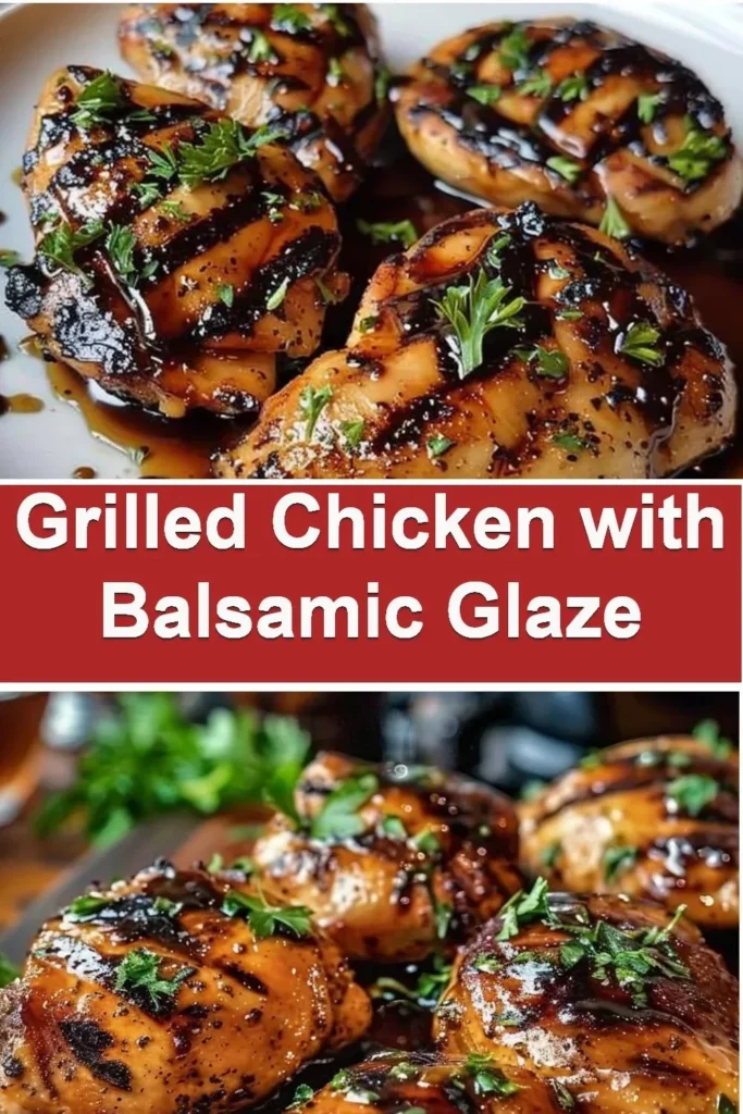 Plate of grilled chicken with balsamic glaze garnished with herbs