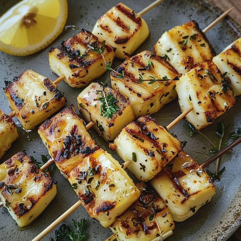 Grilled halloumi skewers with lemon and thyme on a serving platter.