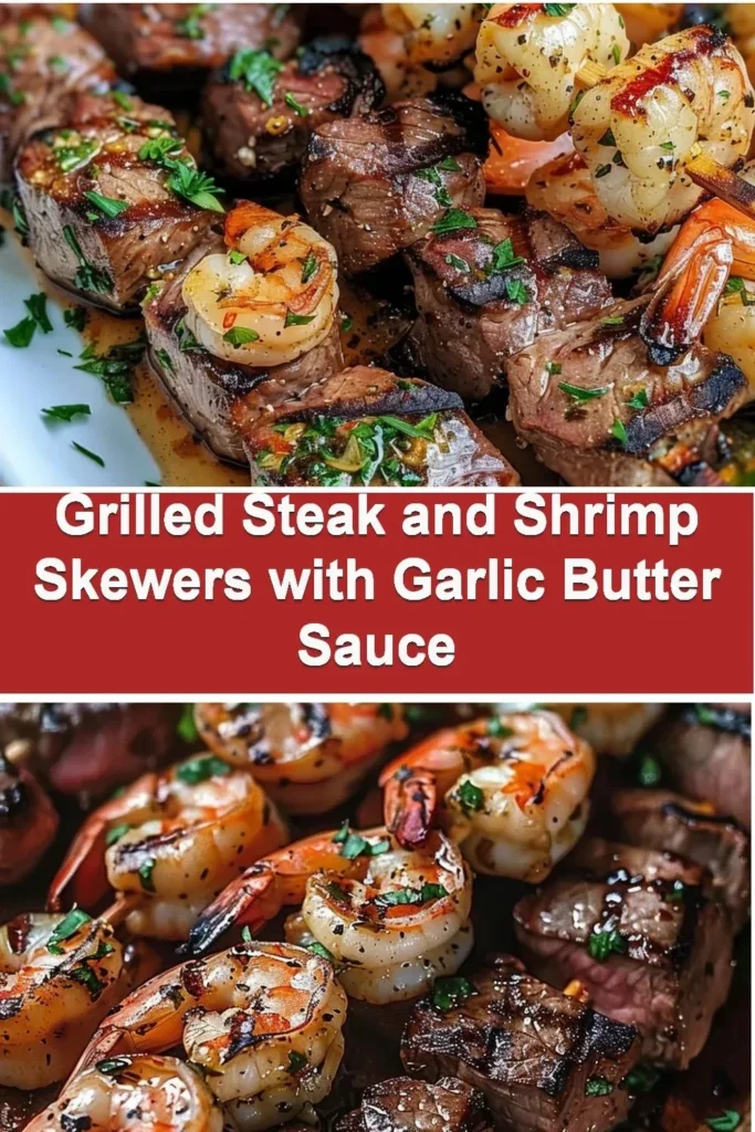 Grilled steak and shrimp skewers served with garlic butter sauce