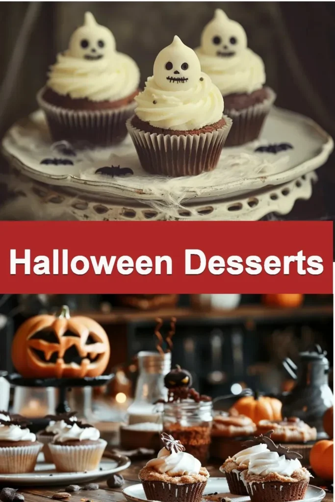 A selection of spooky Halloween desserts including cupcakes and cookies.