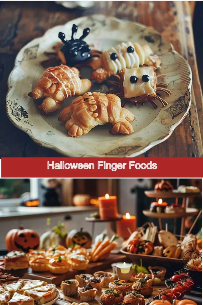 A platter of creative Halloween finger foods including spooky snacks and spooky treats