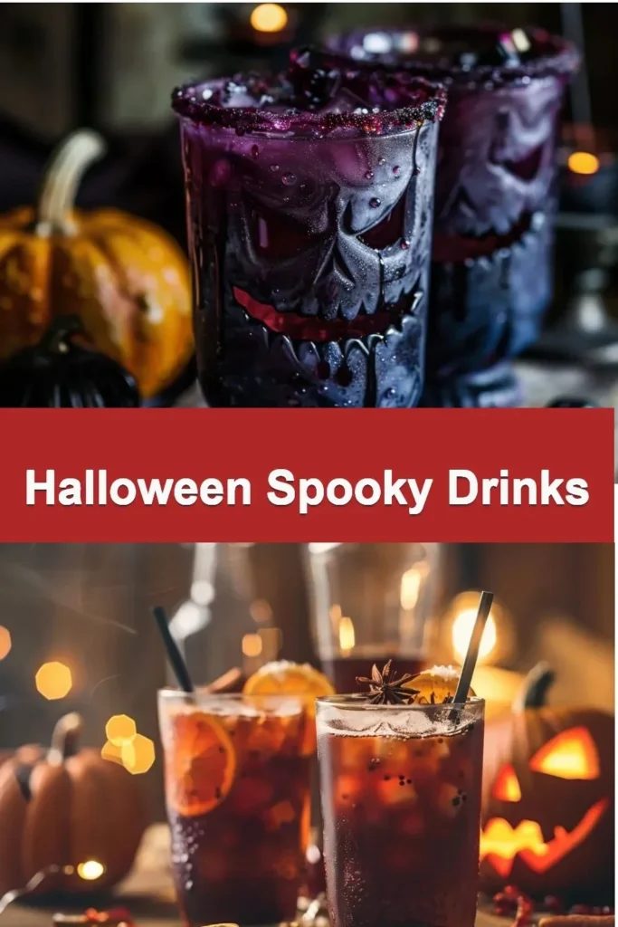 Assorted Halloween spooky drinks with eerie garnishes in themed glasses