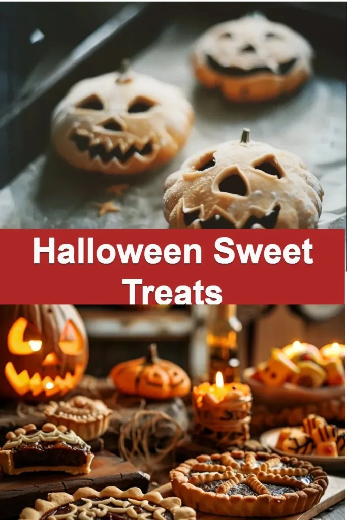 A variety of colorful Halloween sweet treats including themed candies and desserts.