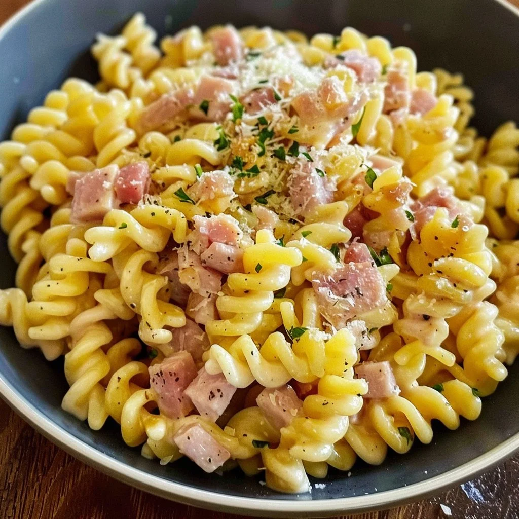 Creamy Ham & Cheese Instant Pot Pasta served in a bowl with fresh herbs.