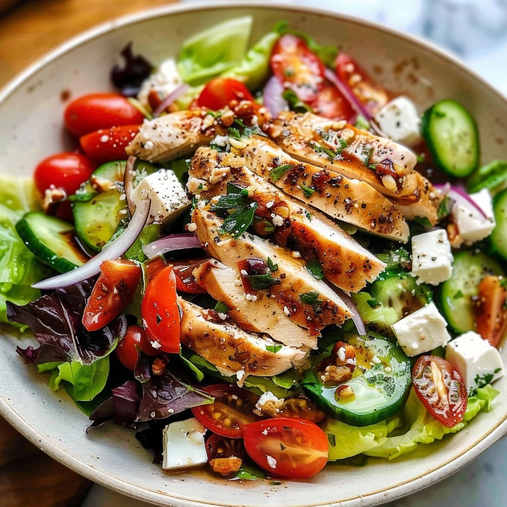 Healthy Greek salad topped with grilled chicken and fresh vegetables