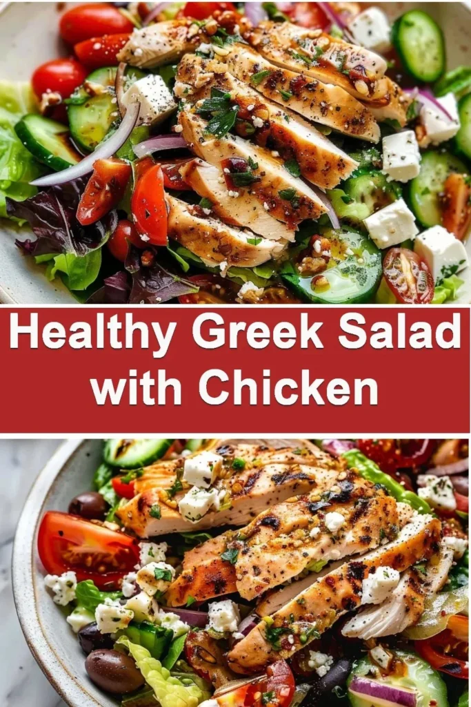 Healthy Greek salad with chicken, colorful vegetables, and feta cheese on a plate.