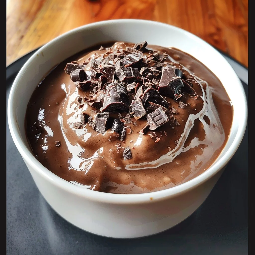 High protein chocolate pudding dessert in a bowl with chocolate topping