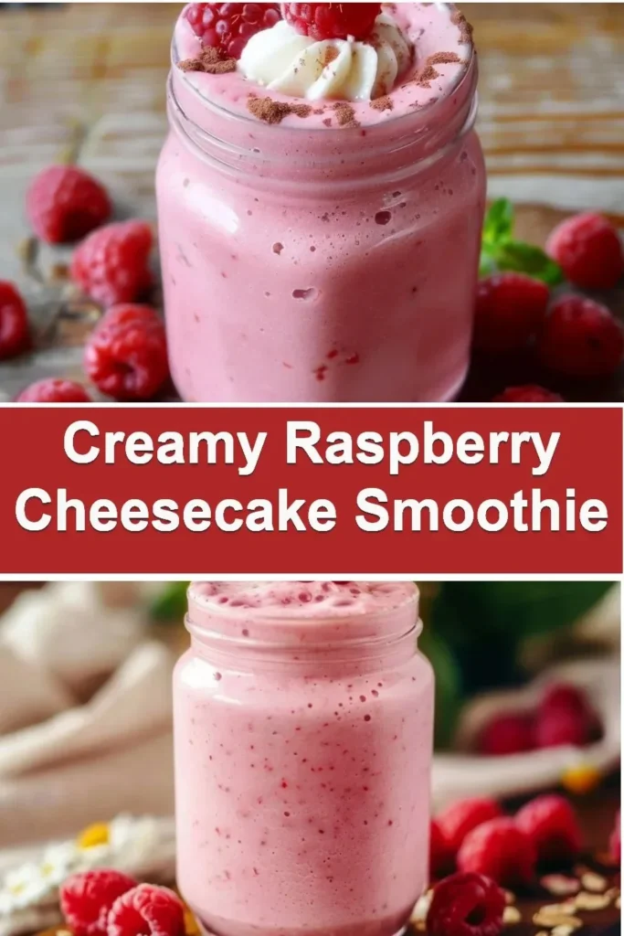 High protein raspberry cheesecake smoothie in a glass topped with fresh raspberries