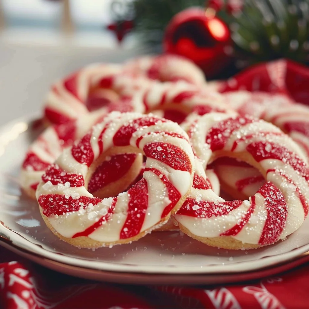 Festively decorated holiday candy cane cookies on a plate.