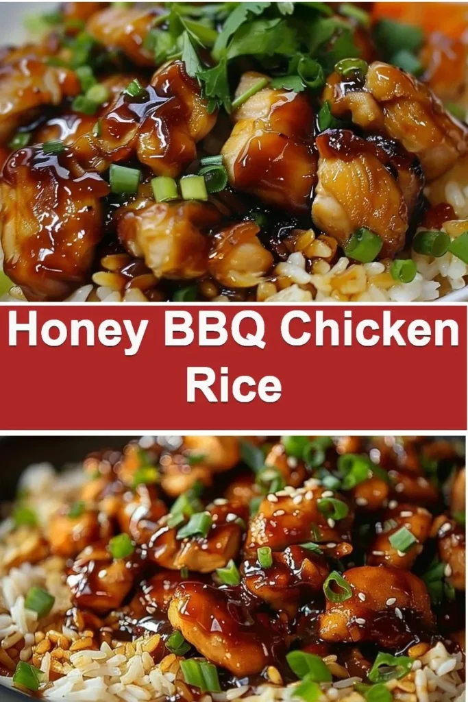 Delicious Honey BBQ Chicken served on a bed of rice garnished with herbs.