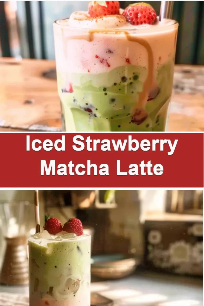 Iced strawberry matcha latte in a clear glass with fresh strawberries and matcha powder