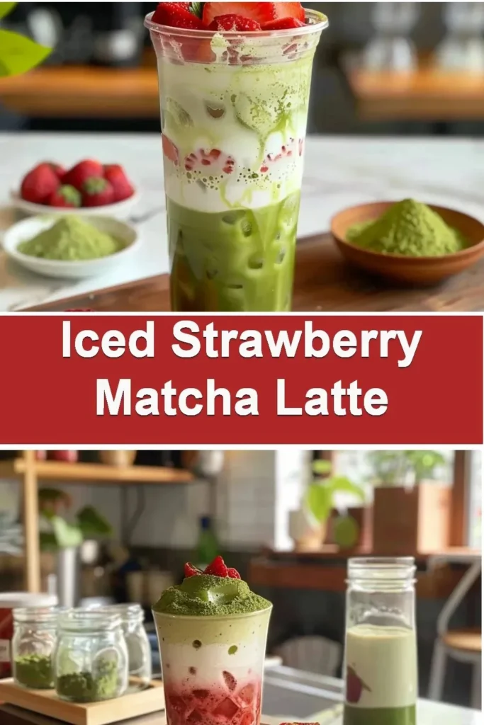 Iced strawberry matcha latte in a glass with strawberries and matcha powder
