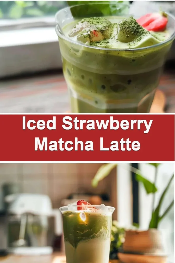 Iced strawberry matcha latte with fresh strawberries and matcha powder