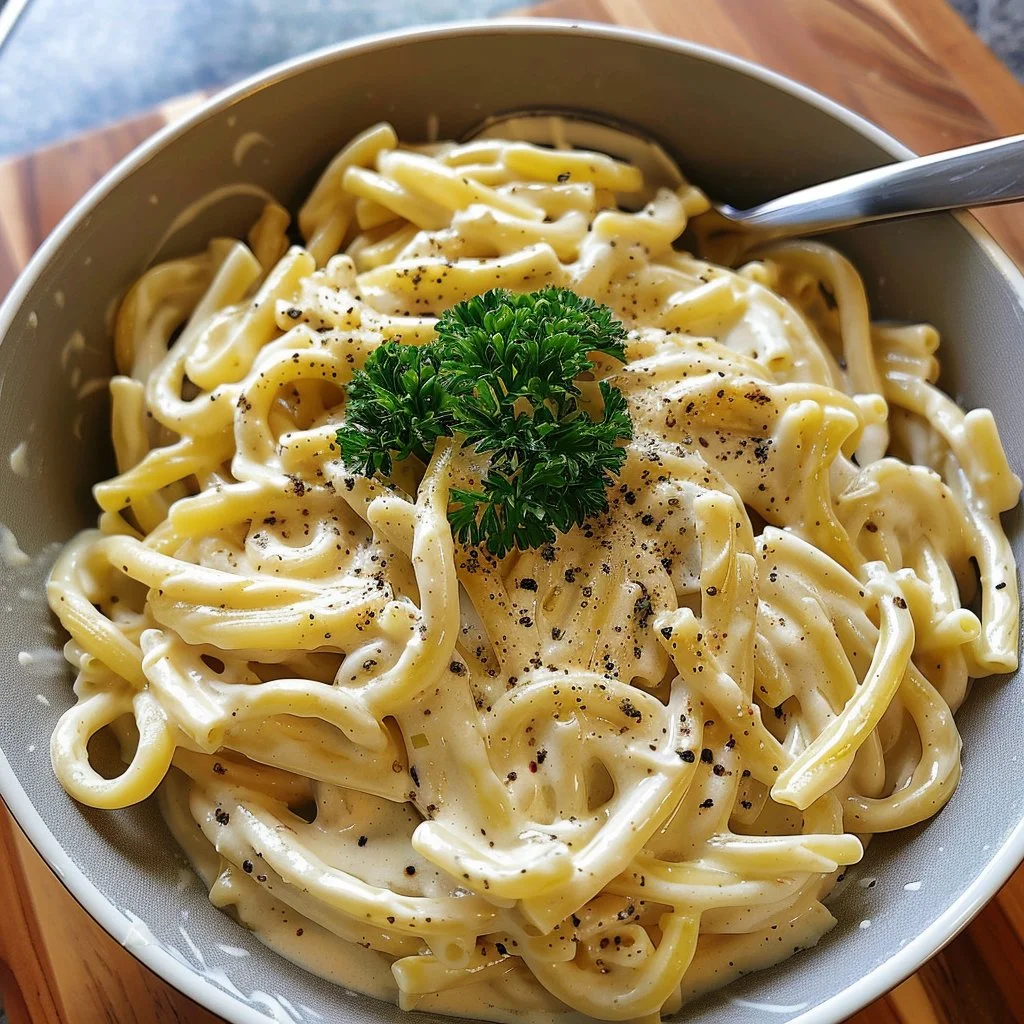 Bowl of Instant Pot creamy garlic pasta topped with parsley and parmesan cheese