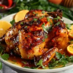 Irresistibly spicy honey whole roasted chicken served on a platter