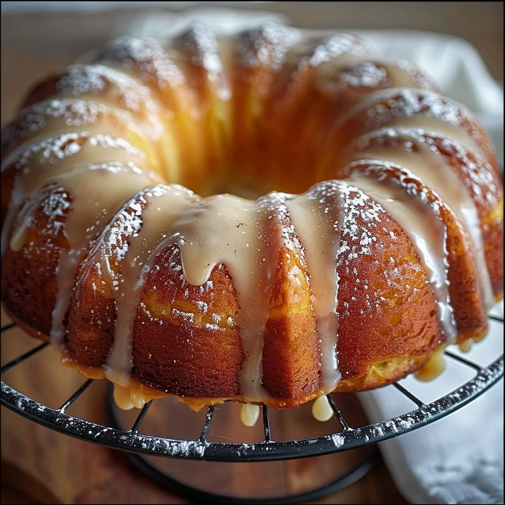 Knotty doughnut cake topped with a spiced glaze, perfect for dessert lovers.