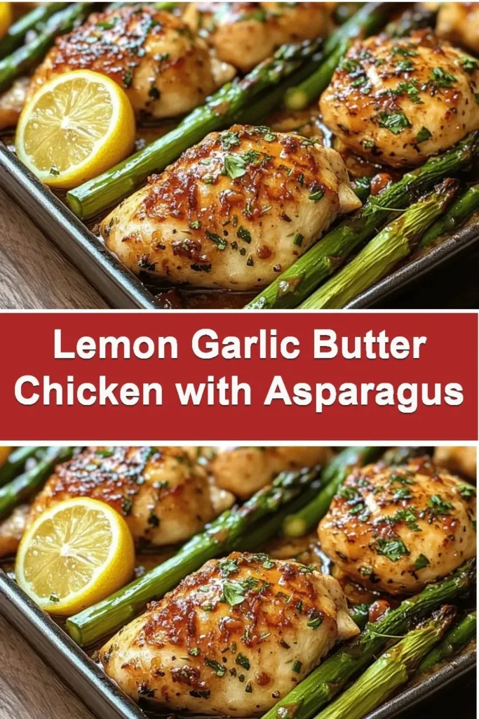 Lemon Garlic Butter Chicken baked with asparagus on a white plate