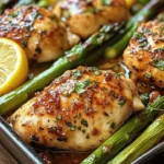 Lemon Garlic Butter Chicken served with fresh asparagus on a plate