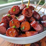 Low Carb BBQ Kielbasa Bites plated and ready to serve at a gathering