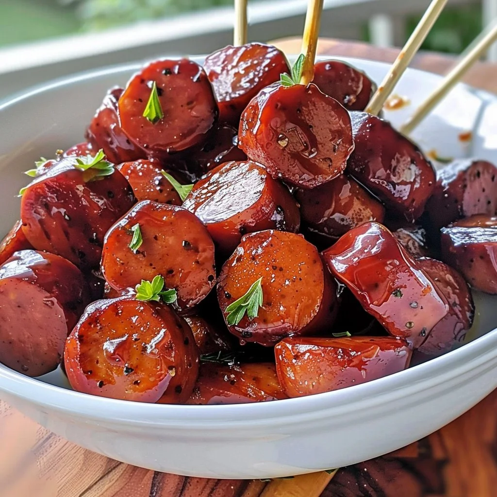 Low Carb BBQ Kielbasa Bites plated and ready to serve at a gathering