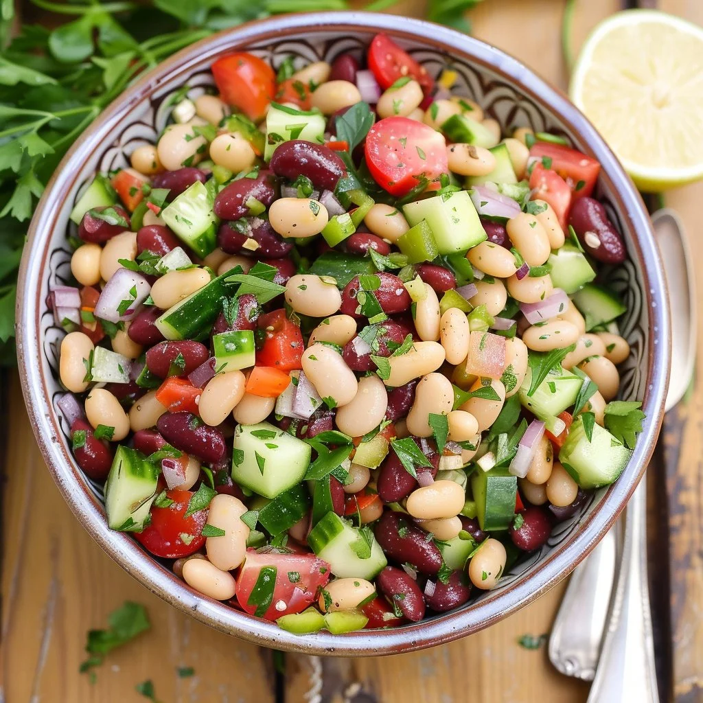 Colorful Mediterranean Bean Salad with fresh vegetables and herbs