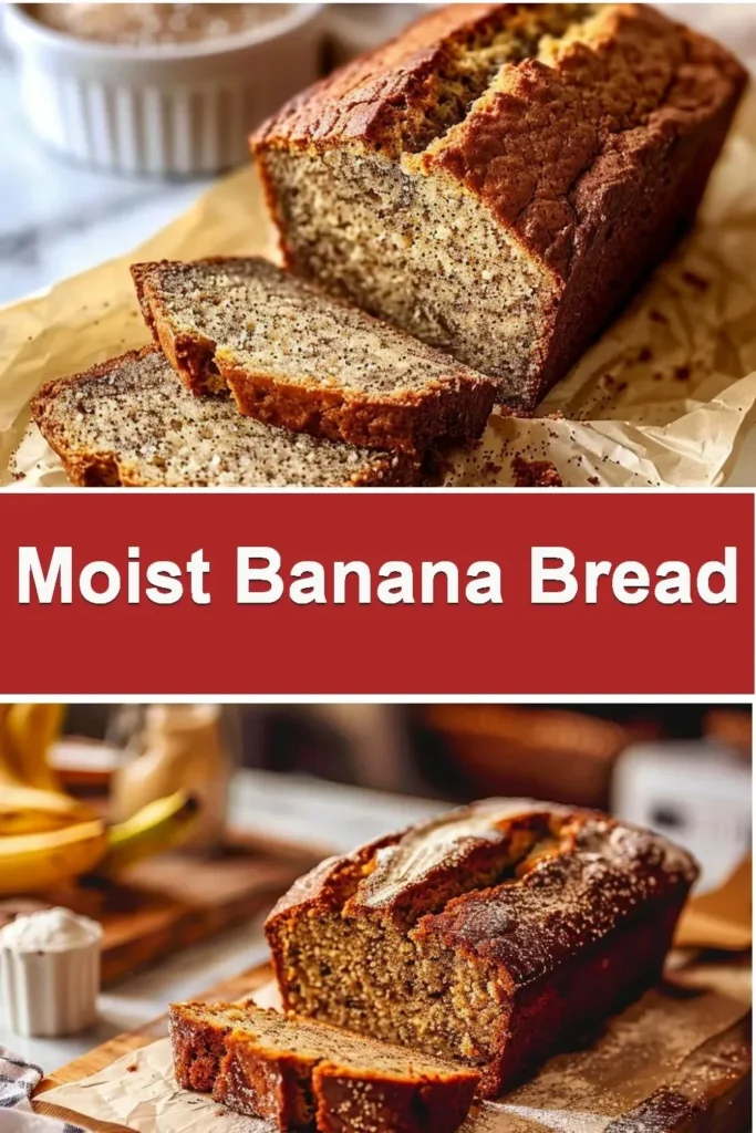 Freshly baked moist banana bread loaf with ripe bananas