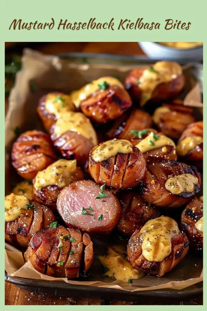 Mustard Hasselback Kielbasa Bites served on a platter with dipping sauce