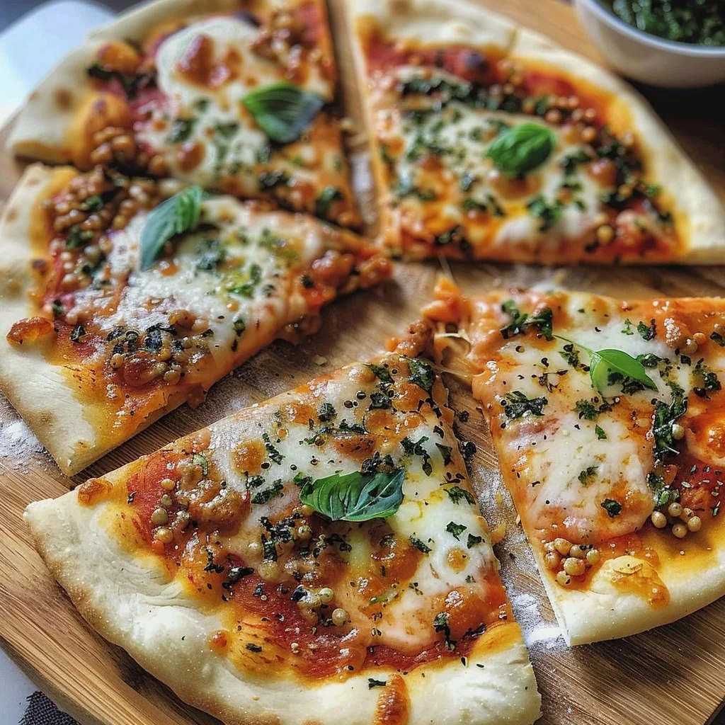 Naan pizza topped with fresh ingredients and melted cheese