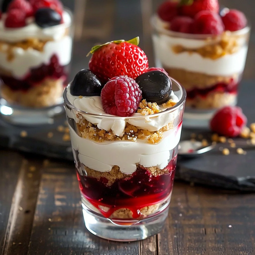 Delicious no-bake cheesecake parfaits layered with creamy filling and toppings
