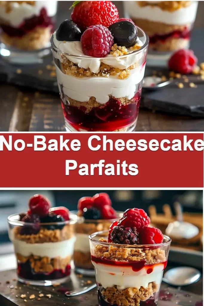 Delicious no-bake cheesecake parfaits in a glass with berry topping.
