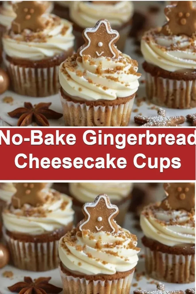 No-bake gingerbread cheesecake cups topped with whipped cream and gingerbread crumbs.