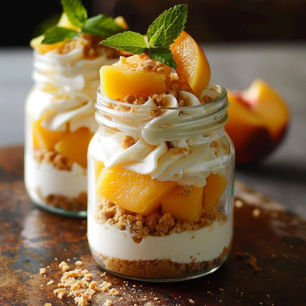 No-Bake Mason Jar Peach Cheesecake with fresh peaches and creamy layers