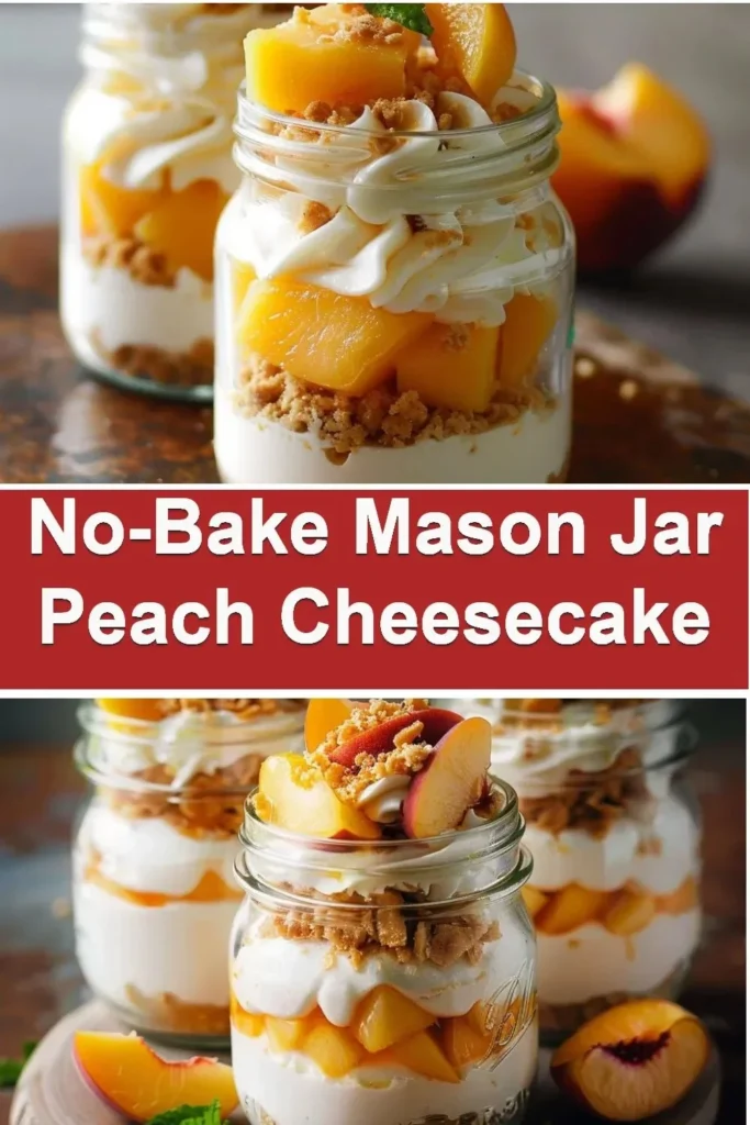 No-Bake Mason Jar Peach Cheesecake with fresh peaches and creamy filling