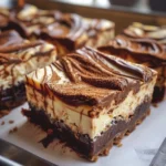 Delicious Nutella Cheesecake Bars topped with chocolate drizzle on a white plate.