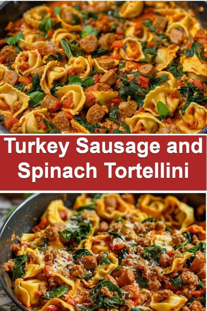 One-pan turkey sausage and spinach tortellini served in a skillet.
